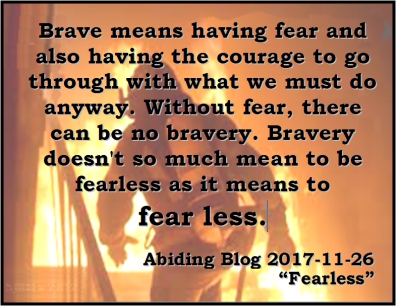 Brave means having fear and also having the courage to go through with what we must do anyway. Without fear, there can be no bravery. Bravery doesn't so much mean to be fearless as it means to FEAR LESS. #Fearlessness #Bravery #AbidingBlog2017Fearless